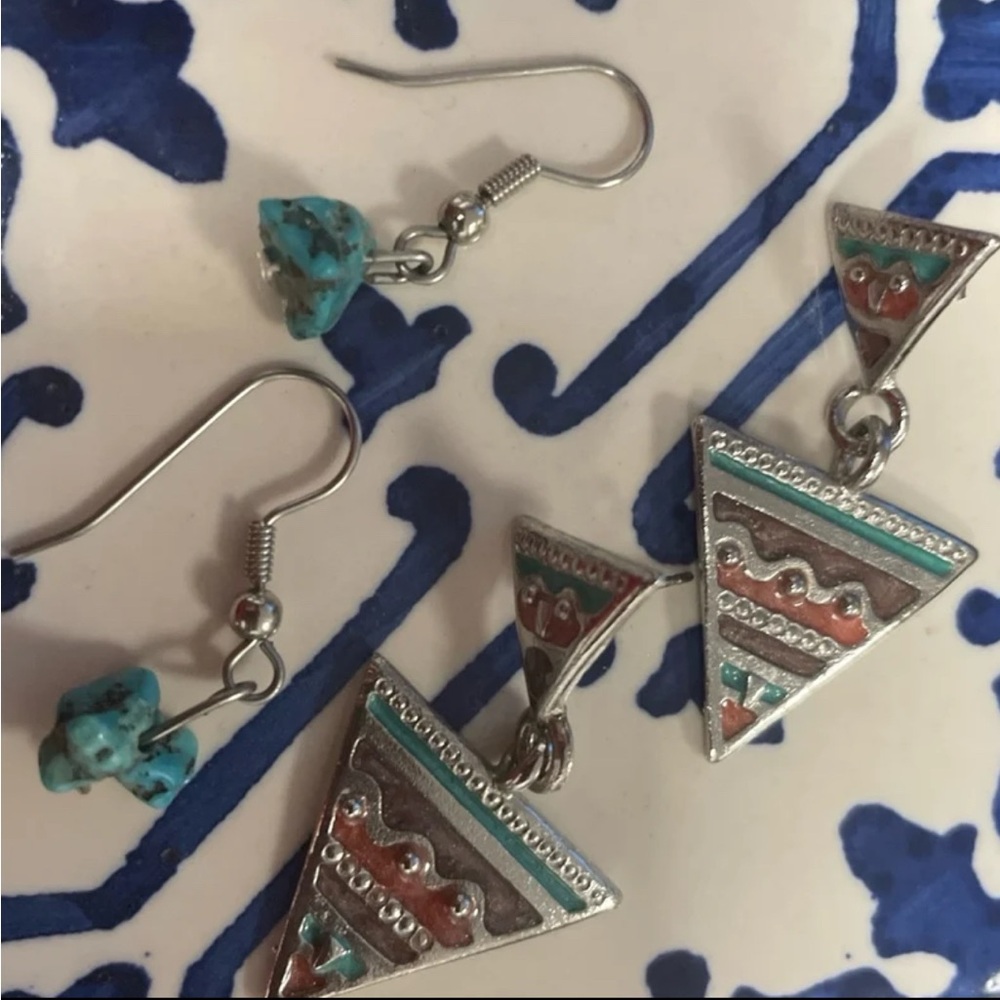 Geometric Silver color and Turquoise Earrings